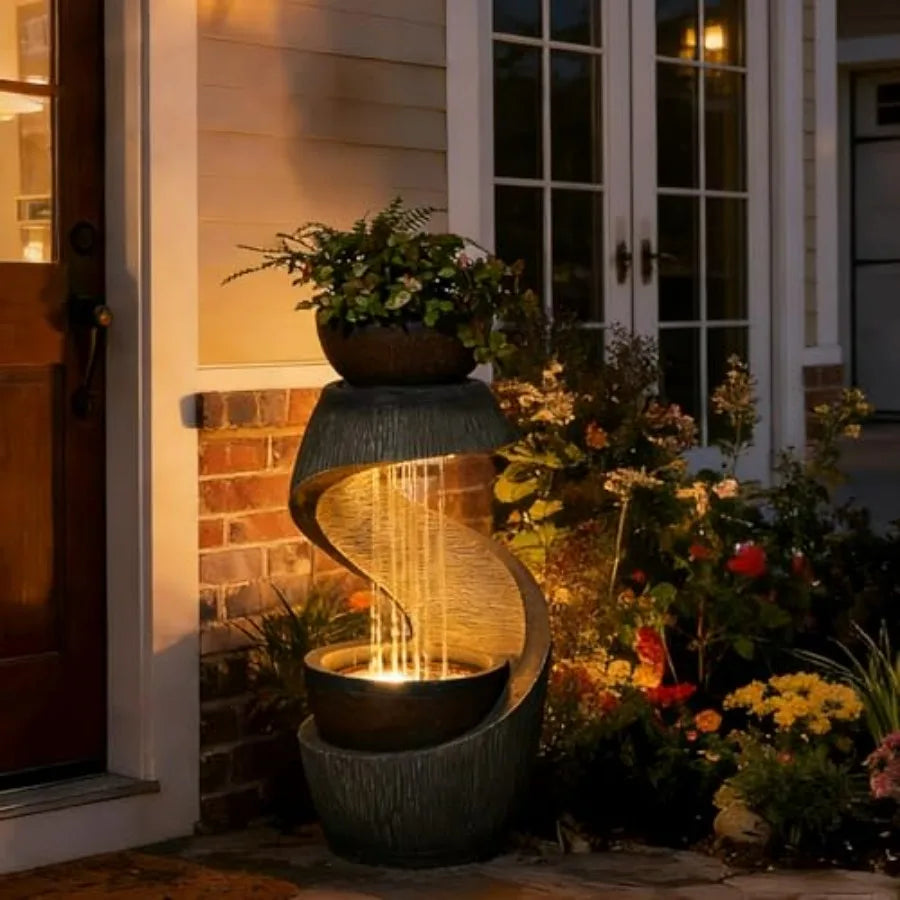 Outdoor Water Fountain With LED Lights Resin S Shaped Bowl