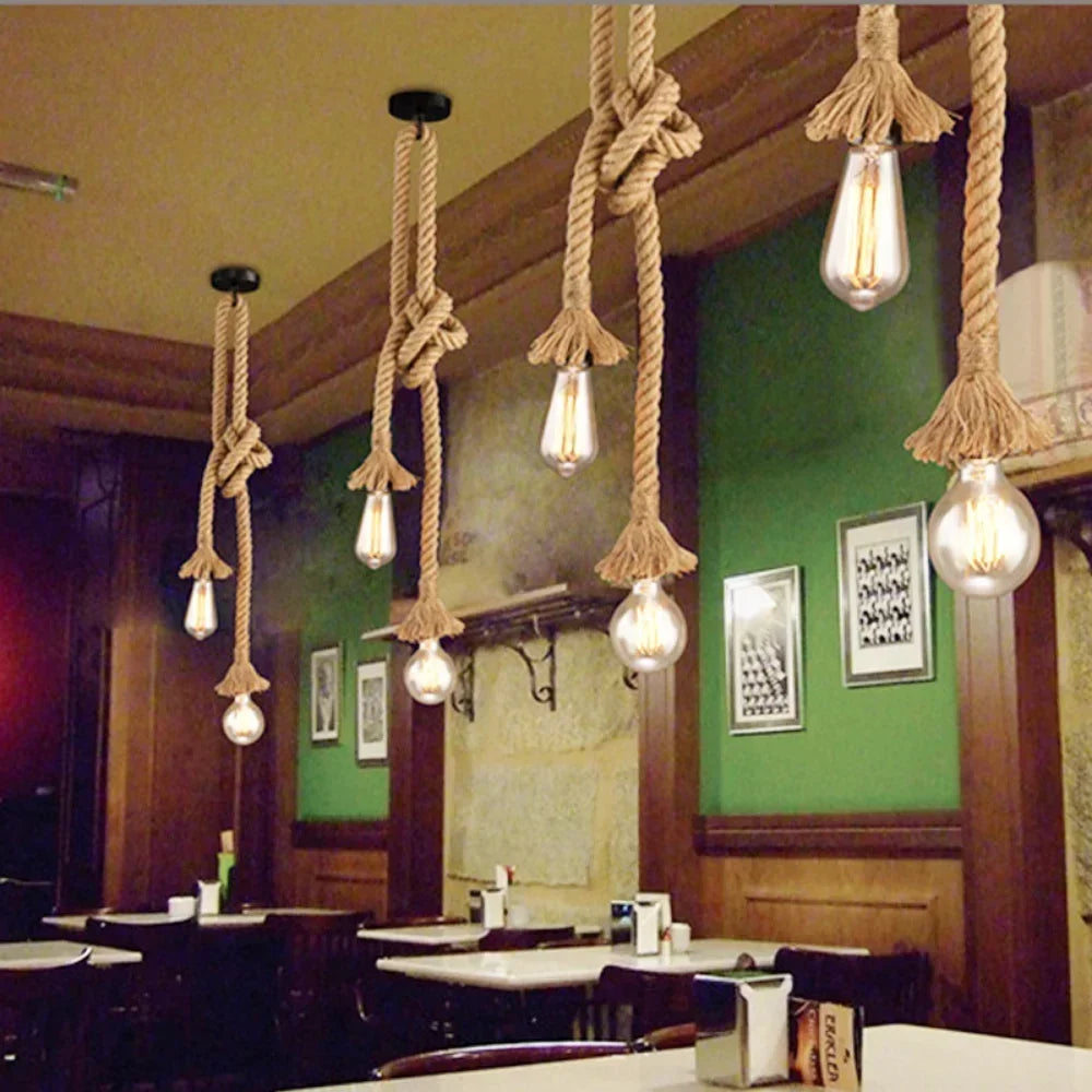 COOINJOY Industrial E27 Hemp Rope Pendant Lights