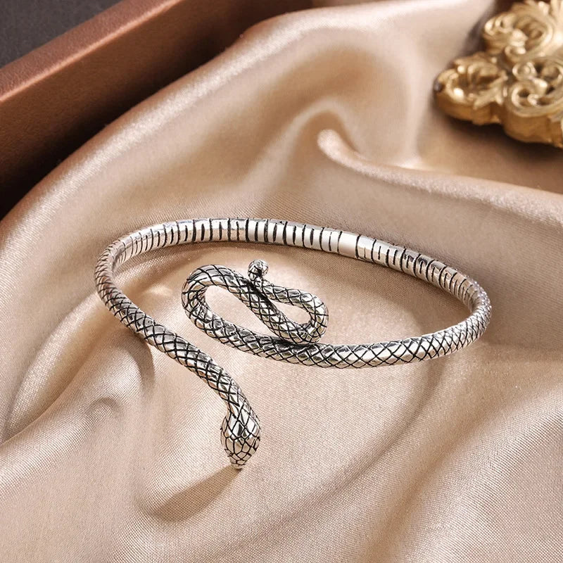 Retro Snake Shape Bracelets 925 Sterling Silver Unisex Open Bangles
