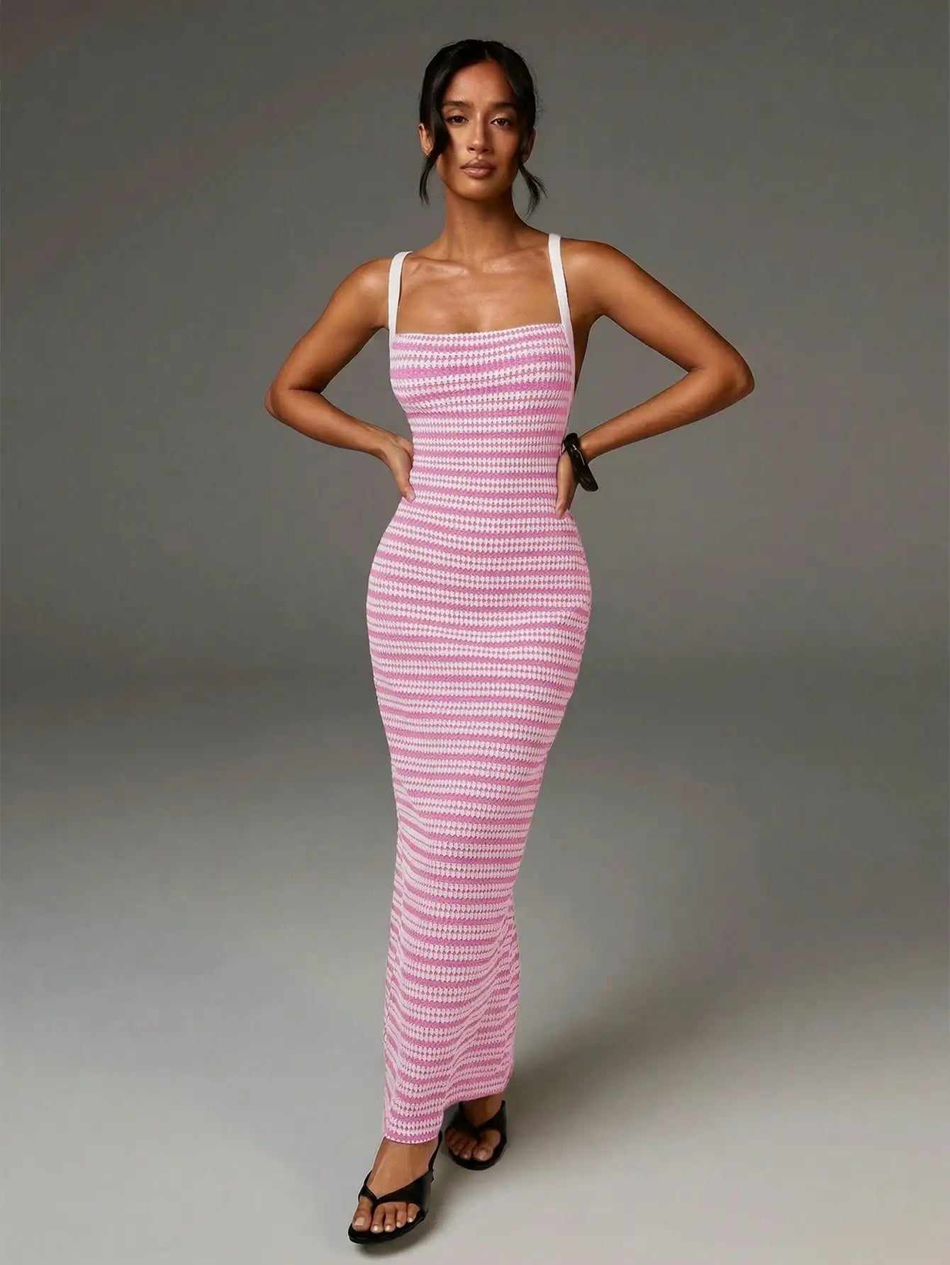 Elegant Geometric Knit Maxi Dress With Cross Back Straps