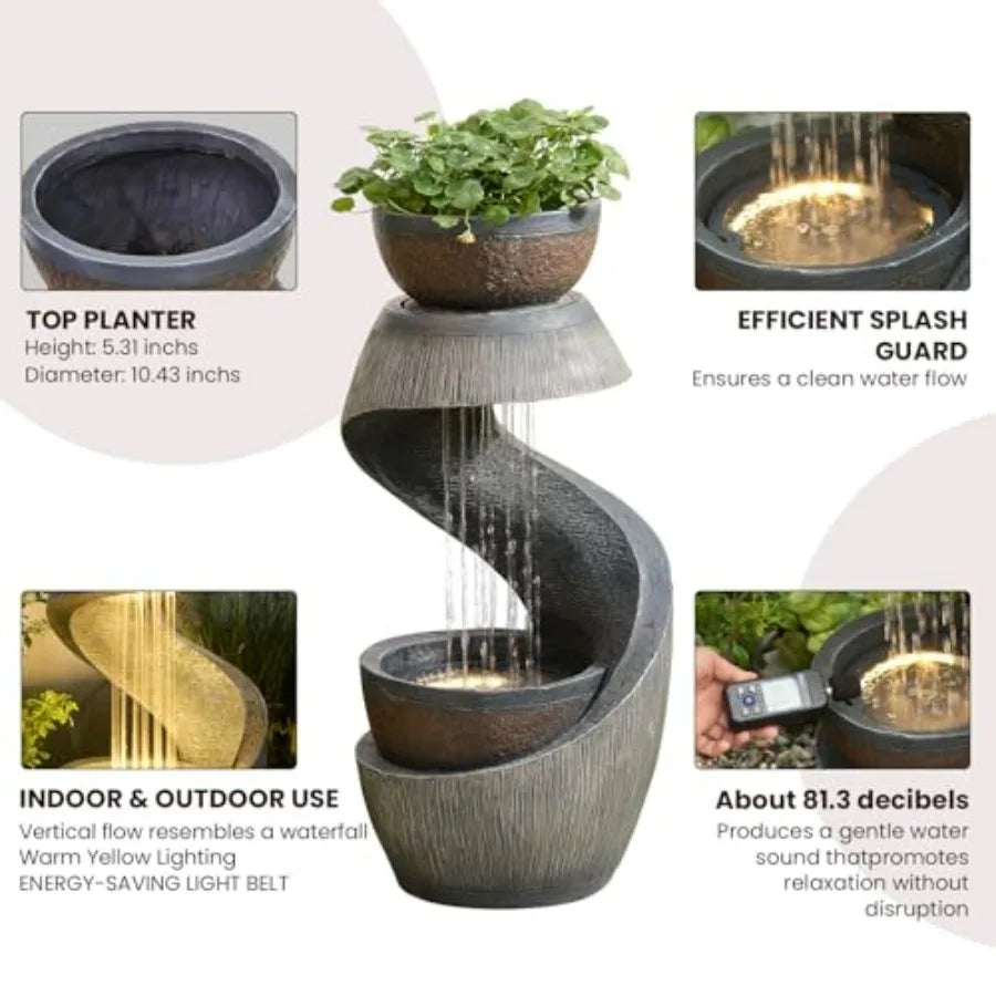 Outdoor Water Fountain With LED Lights Resin S Shaped Bowl
