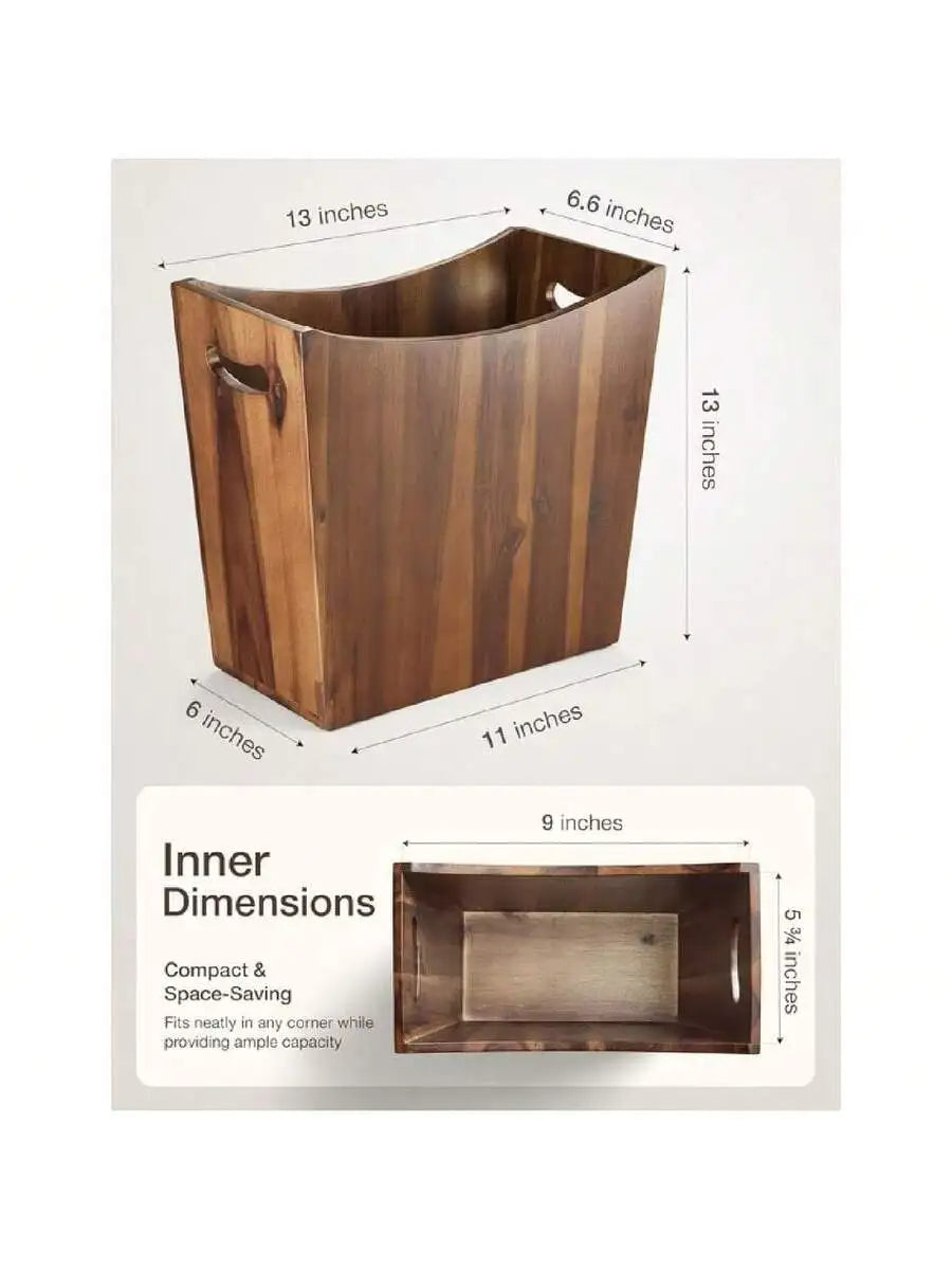 Rectangular Acacia Wood Waste Basket With Handles