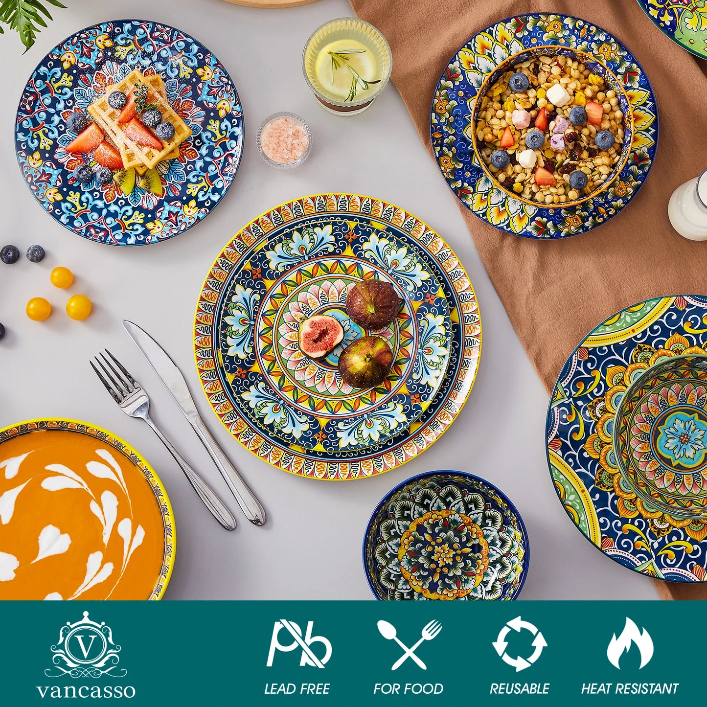MALACASA 24 Piece Porcelain Dinnerware Set Bohemian Style Plates And Bowls