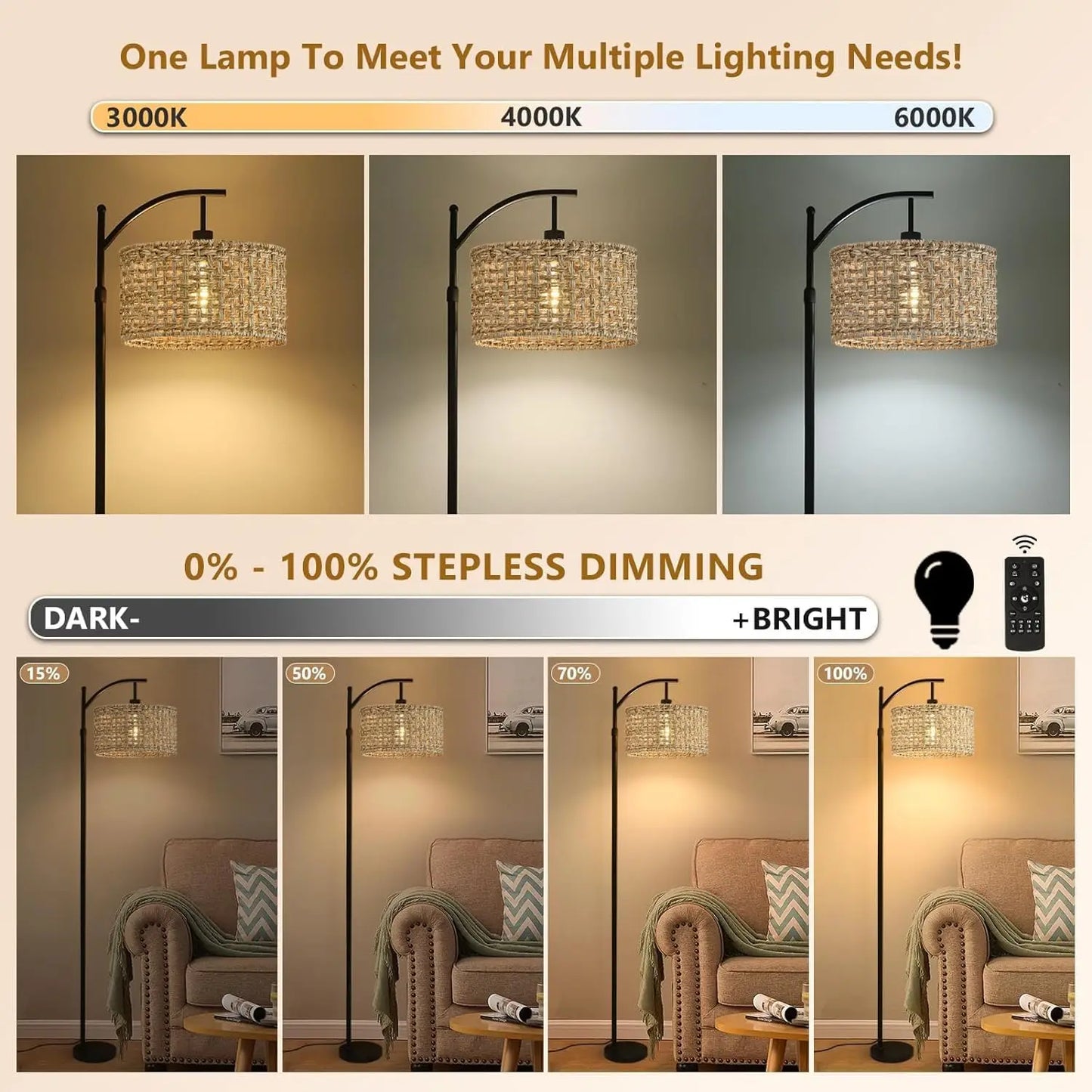 Remote Control Arc Floor Lamp with Adjustable Height and Color Temperature, Rattan Shade for Living Room Bedroom Office