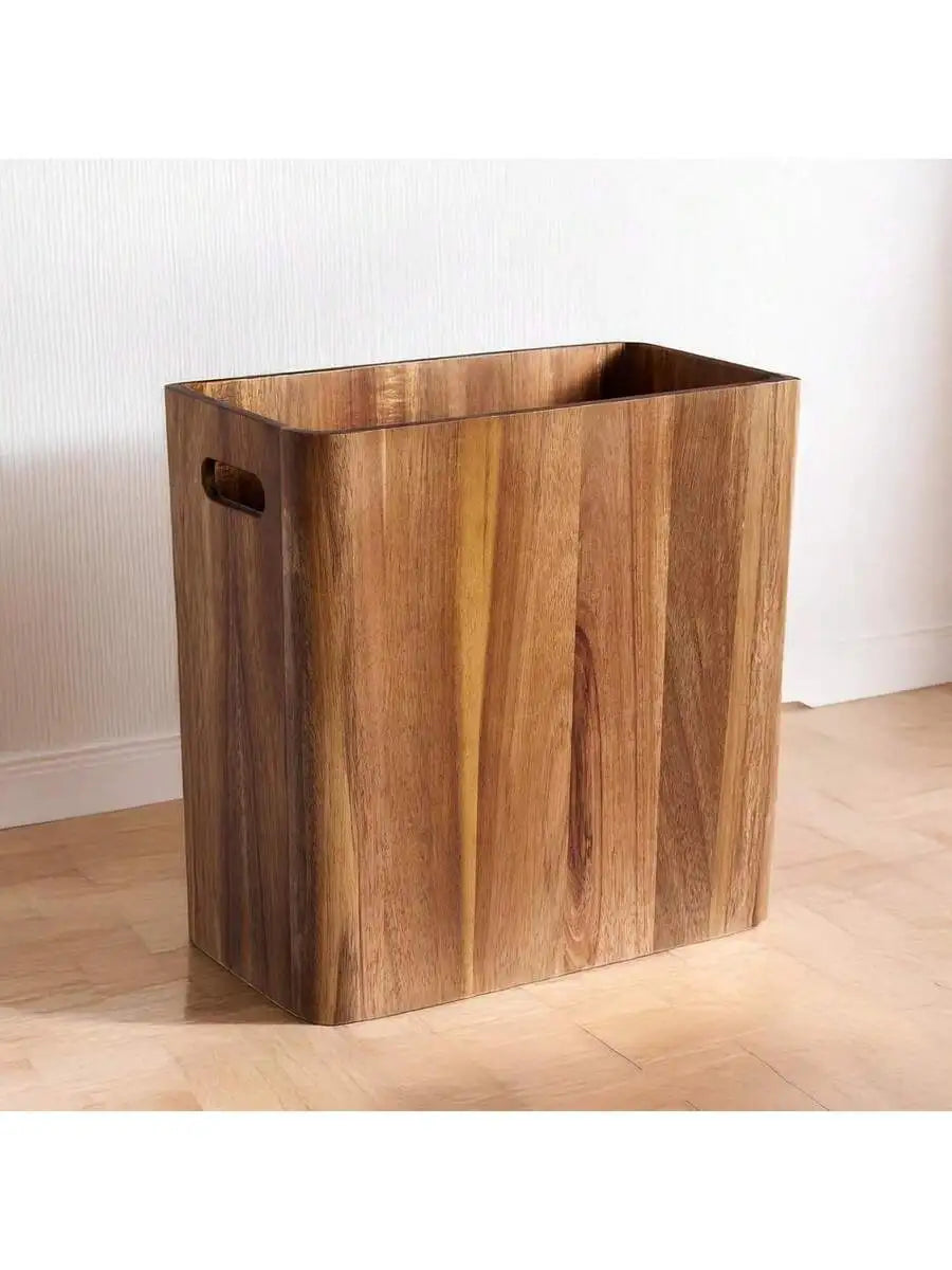 Solid Acacia Wood Wastebasket Rectangular Trash Can With Handles