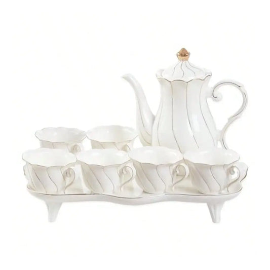 Elegant Porcelain Tea Set for Six with Tray Spoons and Golden Trim