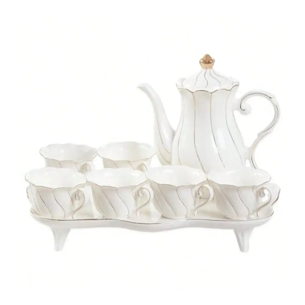 Elegant Porcelain Tea Set for Six with Tray Spoons and Golden Trim