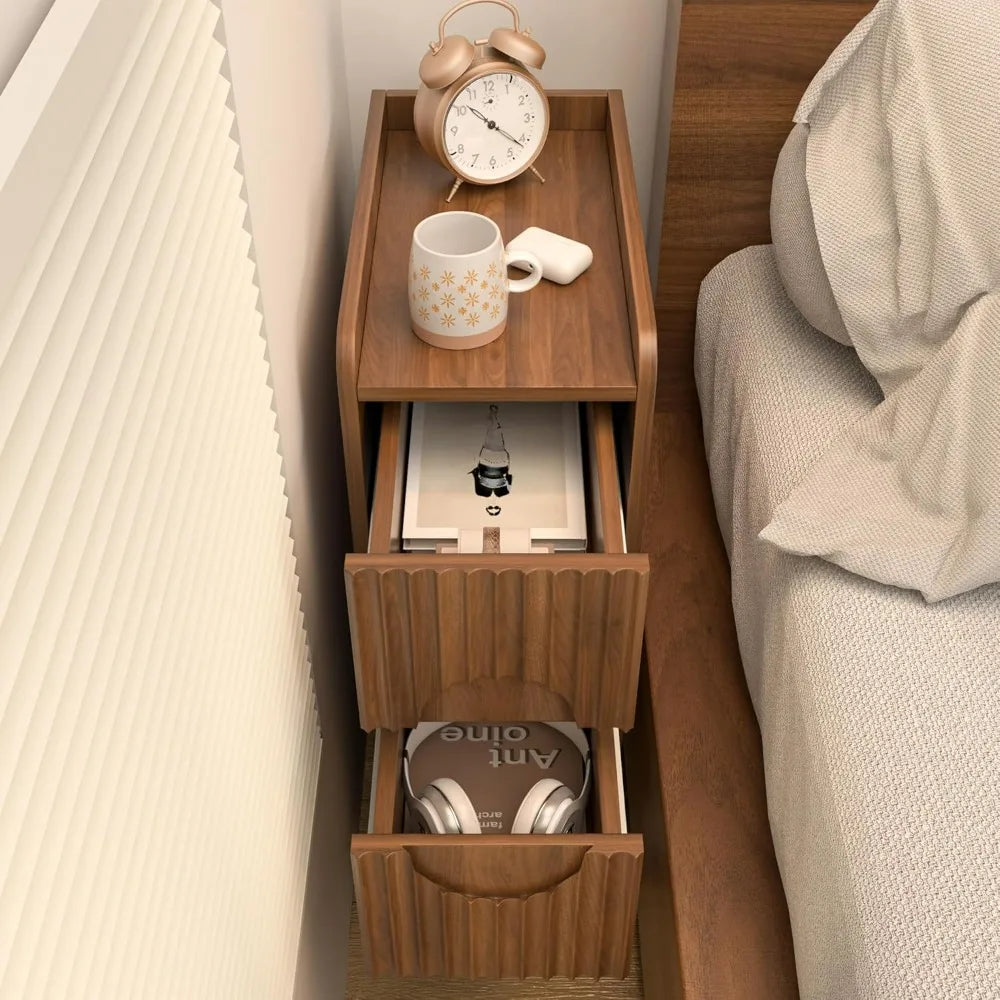 Narrow Fluted Wooden Nightstand With 2 Drawers Slim Bedside Cabinet