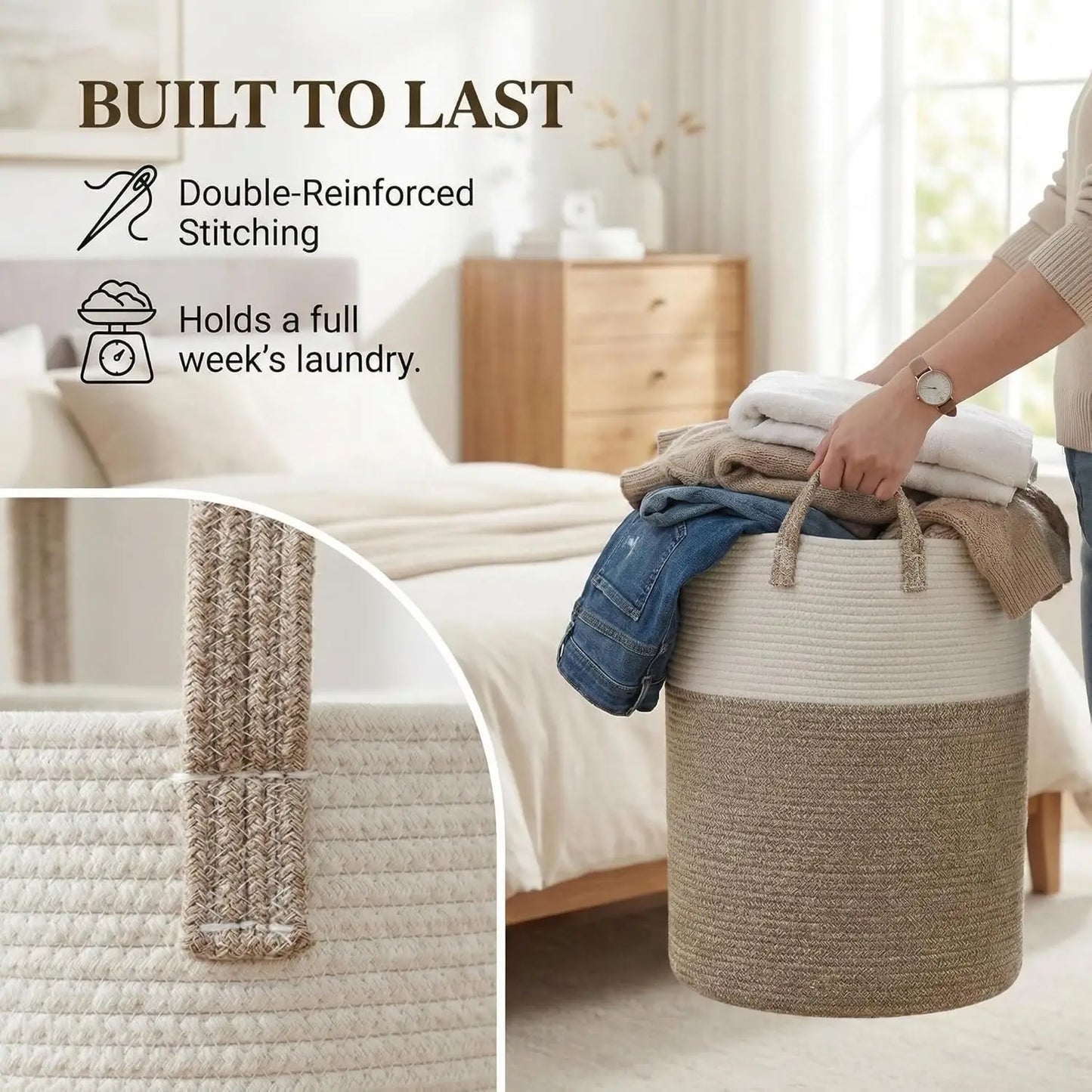 Woven Laundry Basket Hamper Cotton Rope Storage Bin