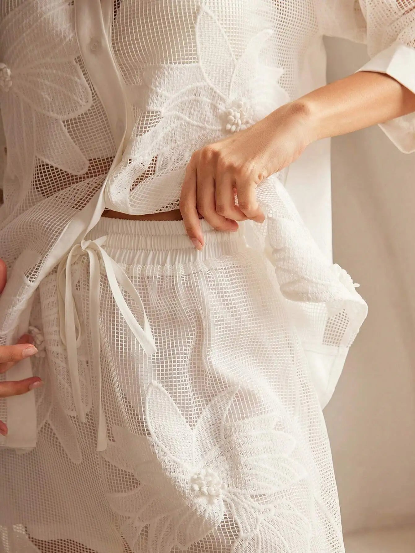 Two Piece Hollow Embroidery Floral Casual Set for Women