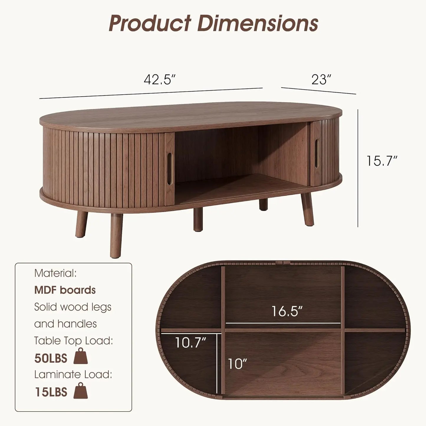 Mid Century Oval Coffee Table With Sliding Tambour Door