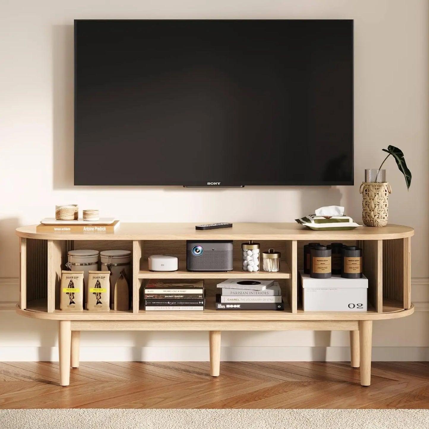 Mid Century Modern TV Stand with Sliding Tambour Door Oak Storage