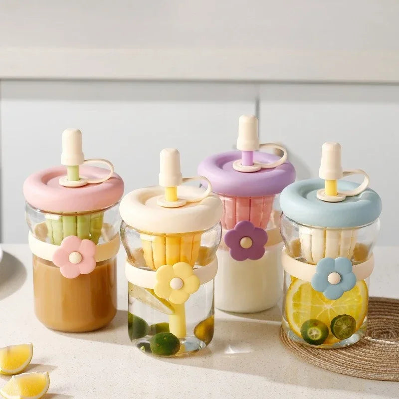Flower Cup High Aesthetic Glass Portable Straw Cup Water Cup