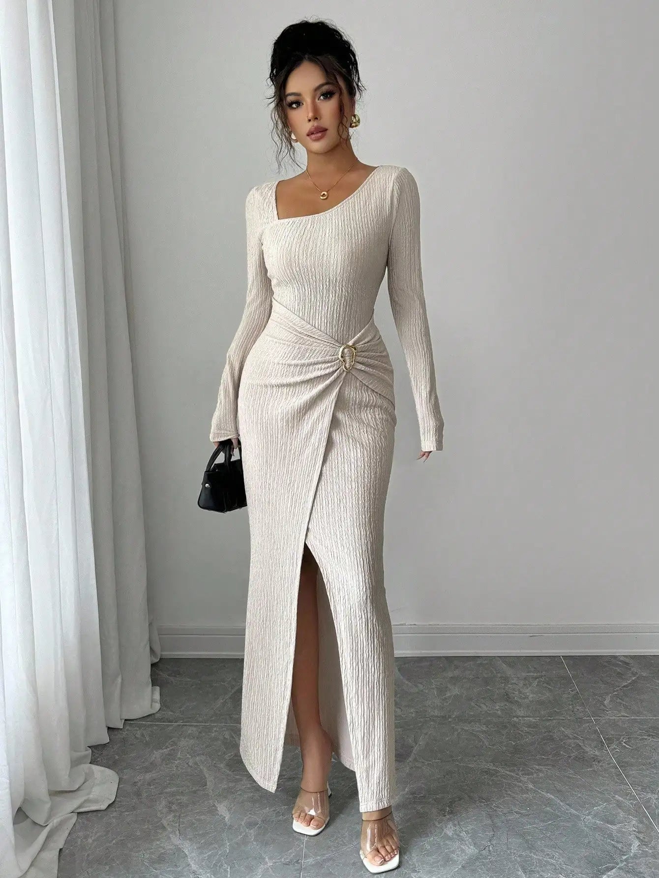 Asymmetrical Neck Knitted Bodycon Dress With Twist Waist Side Slit