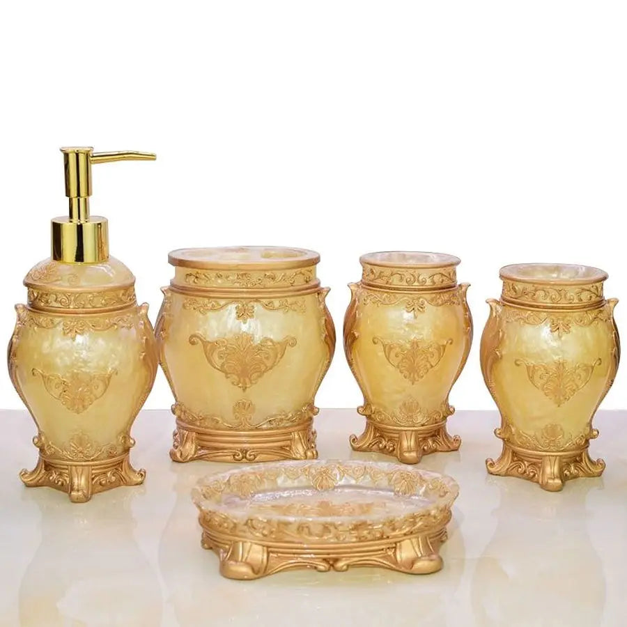 5pcs Bathroom Accessories Set, Soap Dispenser, Toothbrush Holder, Bathroom Tumbler, Soap DishGolden