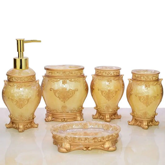 5pcs Bathroom Accessories Set, Soap Dispenser, Toothbrush Holder, Bathroom Tumbler, Soap DishGolden