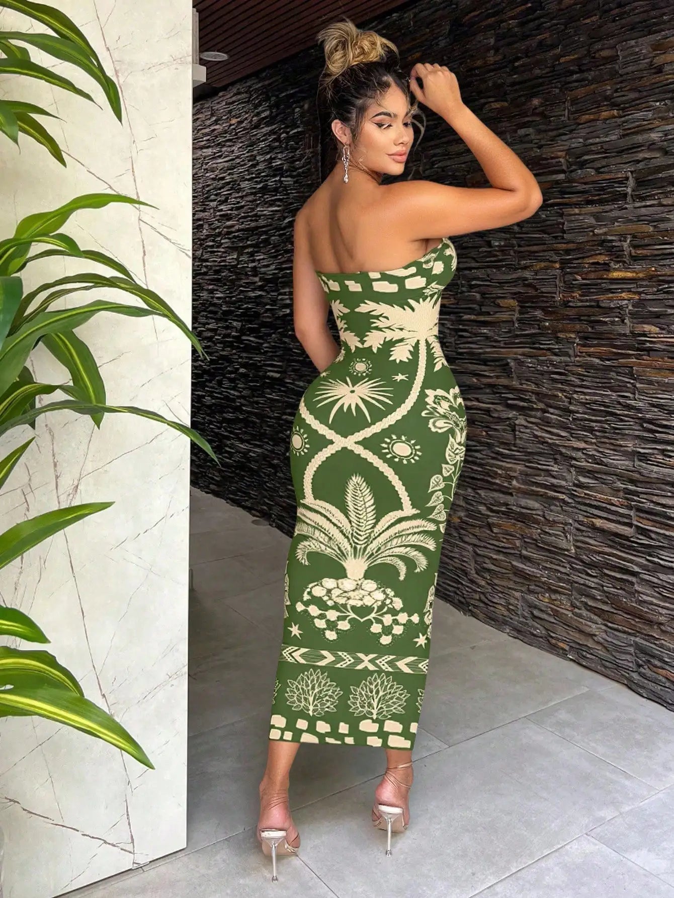 Bohemian Green Tropical Print Strapless Bodycon Dress For Vacation