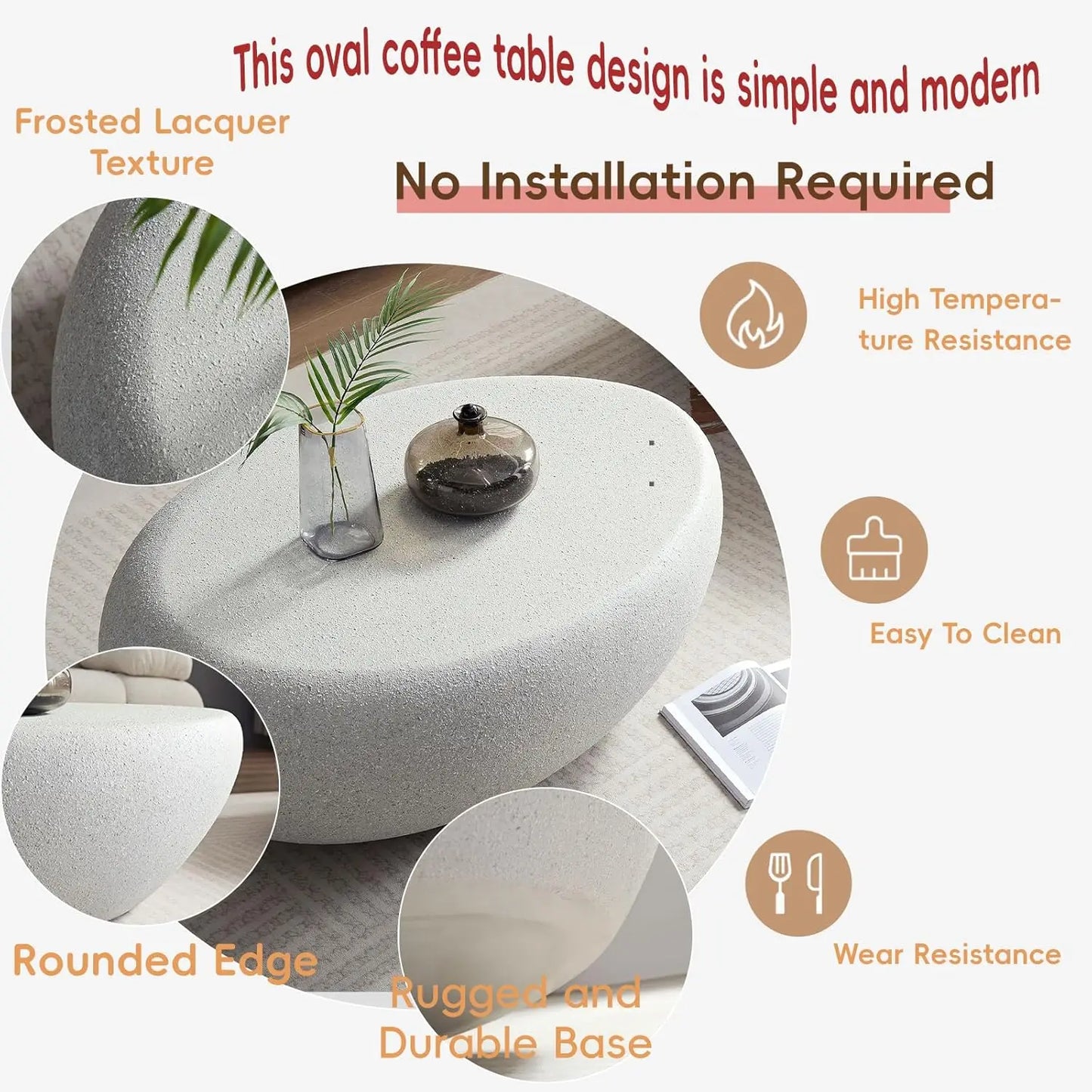 Oval Faux Stone Coffee Table Minimalist Fiberglass Design No Assembly