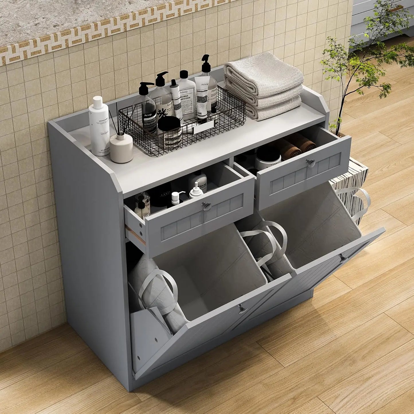 Wooden Double Tilt Out Trash Cabinet With Hidden Drawer