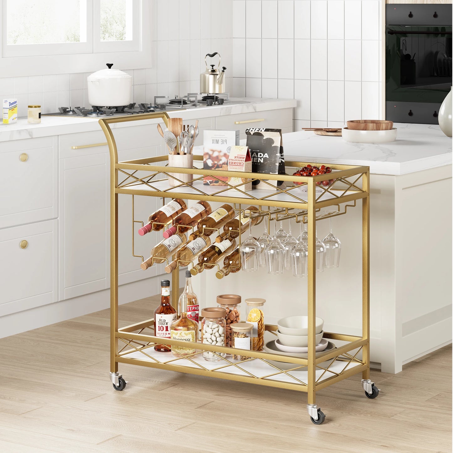 HobbyLane Bar Cart With Lockable Wheels And Wine Racks