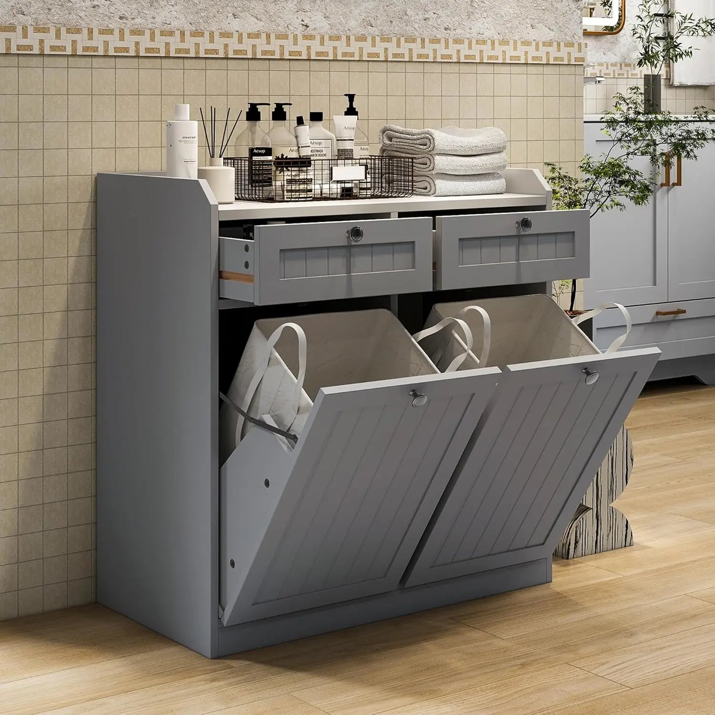 Wooden Double Tilt Out Trash Cabinet With Hidden Drawer