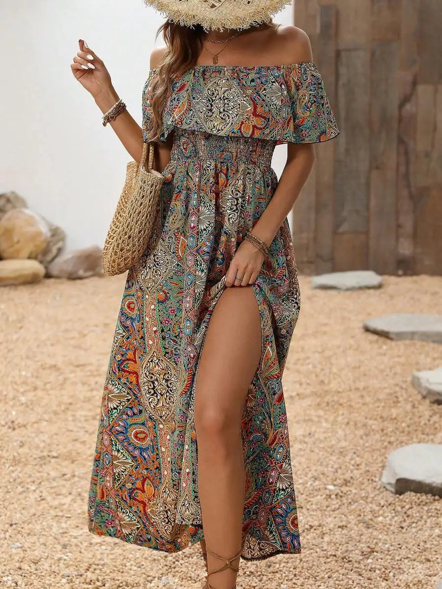 Off Shoulder Floral Maxi Dress With Side Slit And Ruffles