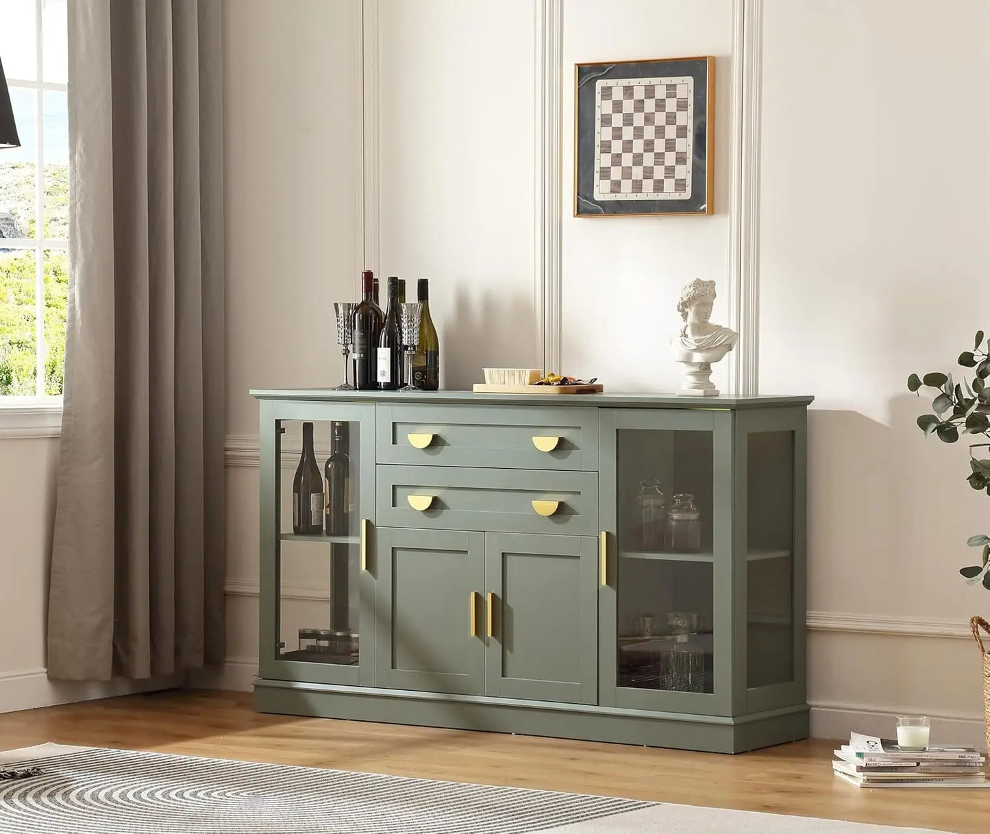 58.27'' Buffet Cabinet with 2 Drawers,LED and Adjustable Shelves,Large Glass Door Coffee Bar Cabinet with, Customized