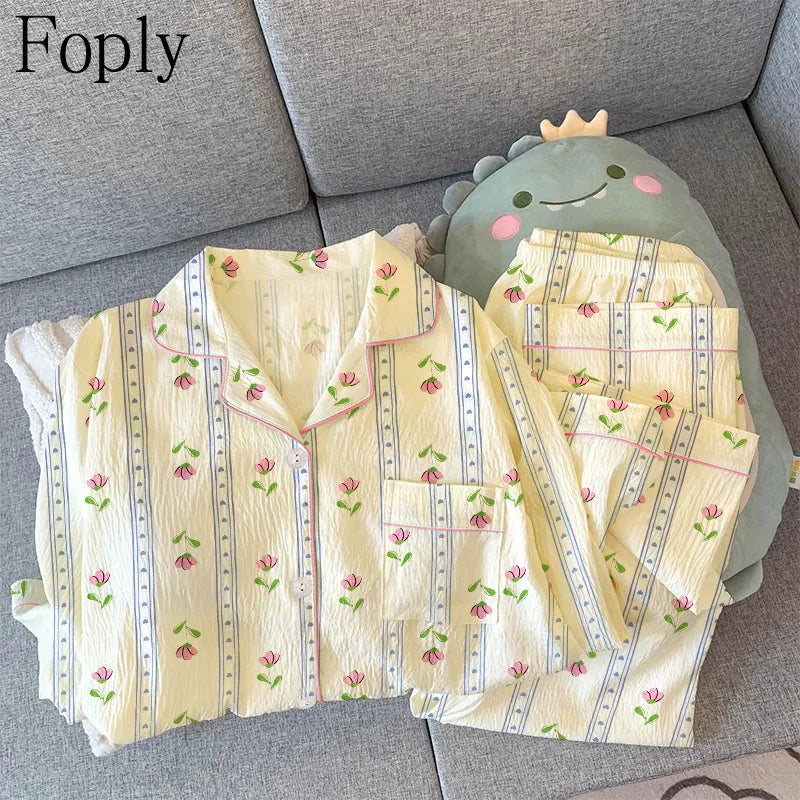 Flower Love Woman Pyjamas Spring Summer 2 Piece Pajama Clouds Cotton Sleepwear Long Sleeve Pants Pijama Mujer Pjs Loungewear