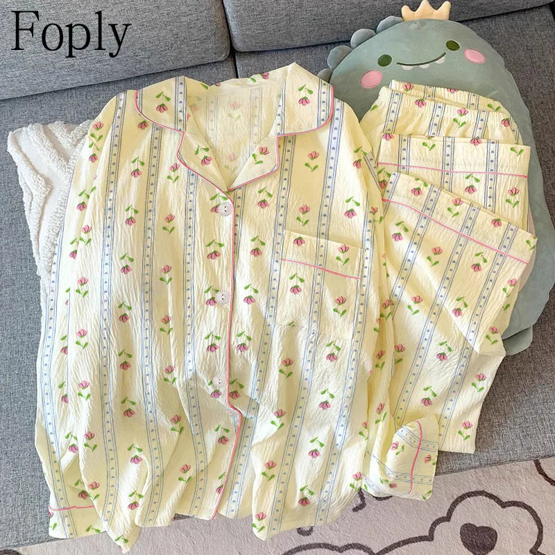 Flower Love Woman Pyjamas Spring Summer 2 Piece Pajama Clouds Cotton Sleepwear Long Sleeve Pants Pijama Mujer Pjs Loungewear