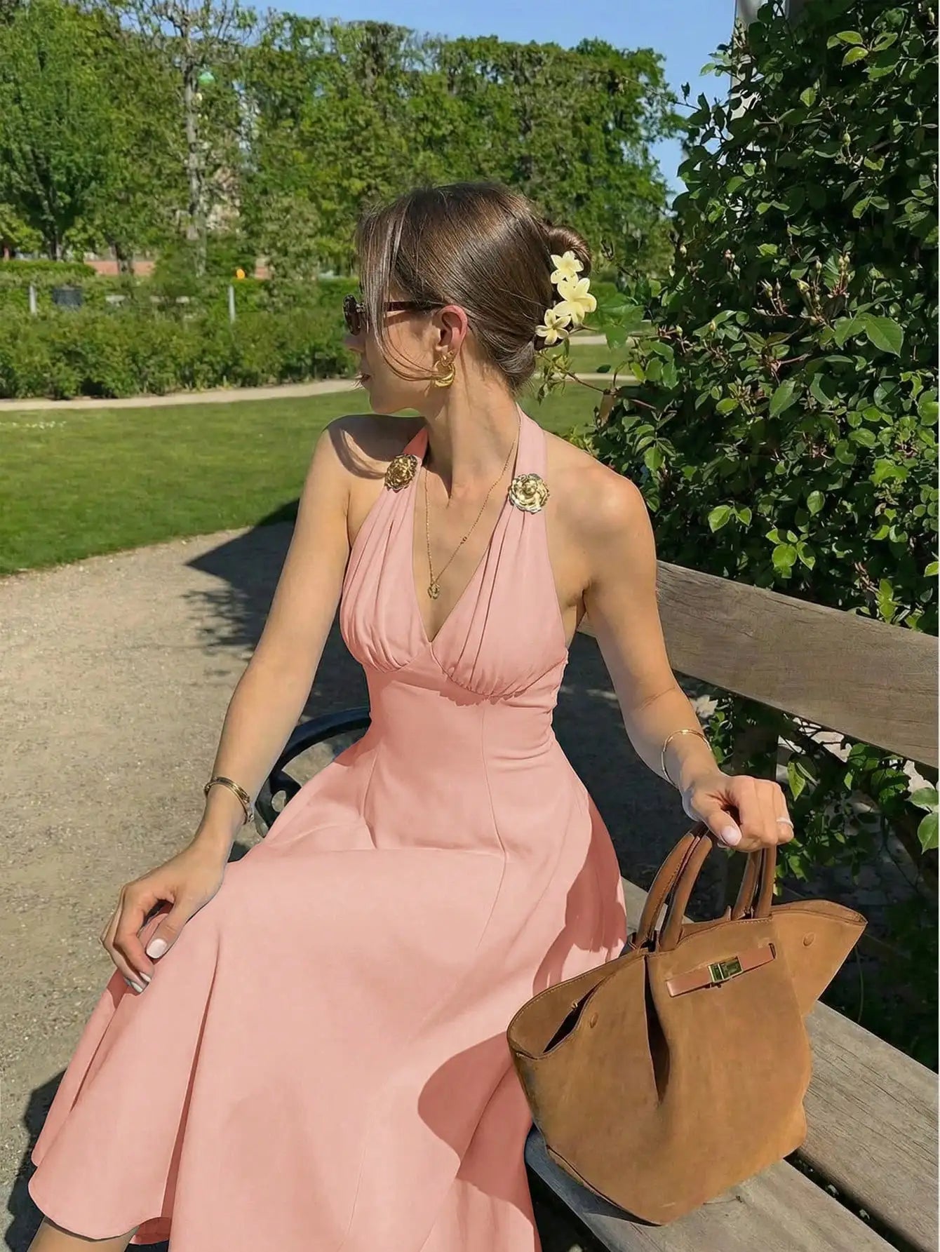 Elegant Halter Neck Midi Dress With 3D Floral Accents