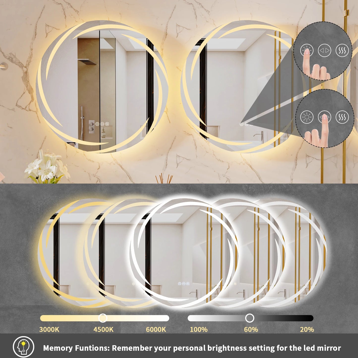 Anti Fog LED Round Wall Mounted Bathroom Mirror With Backlit