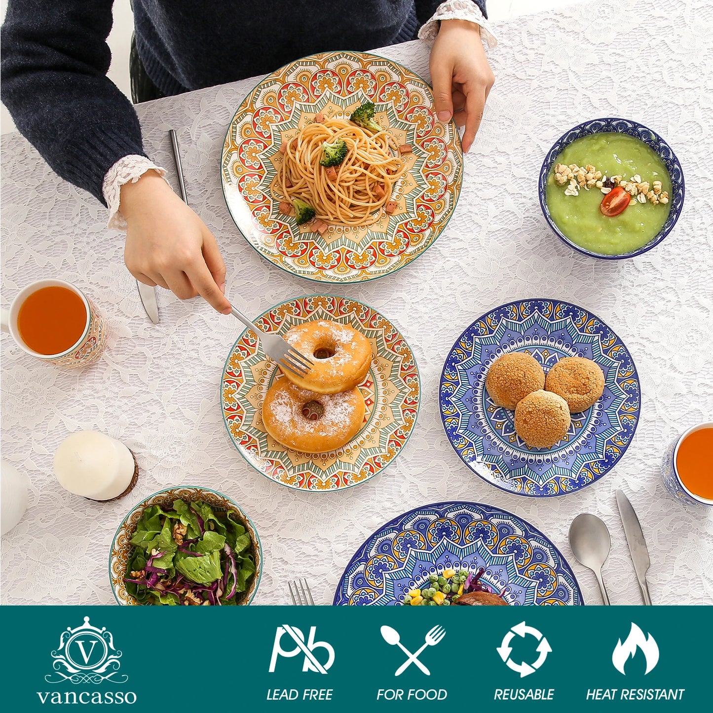 Malacasa Mandala Bohemian Dinnerware Set With Plates Bowls Mugs