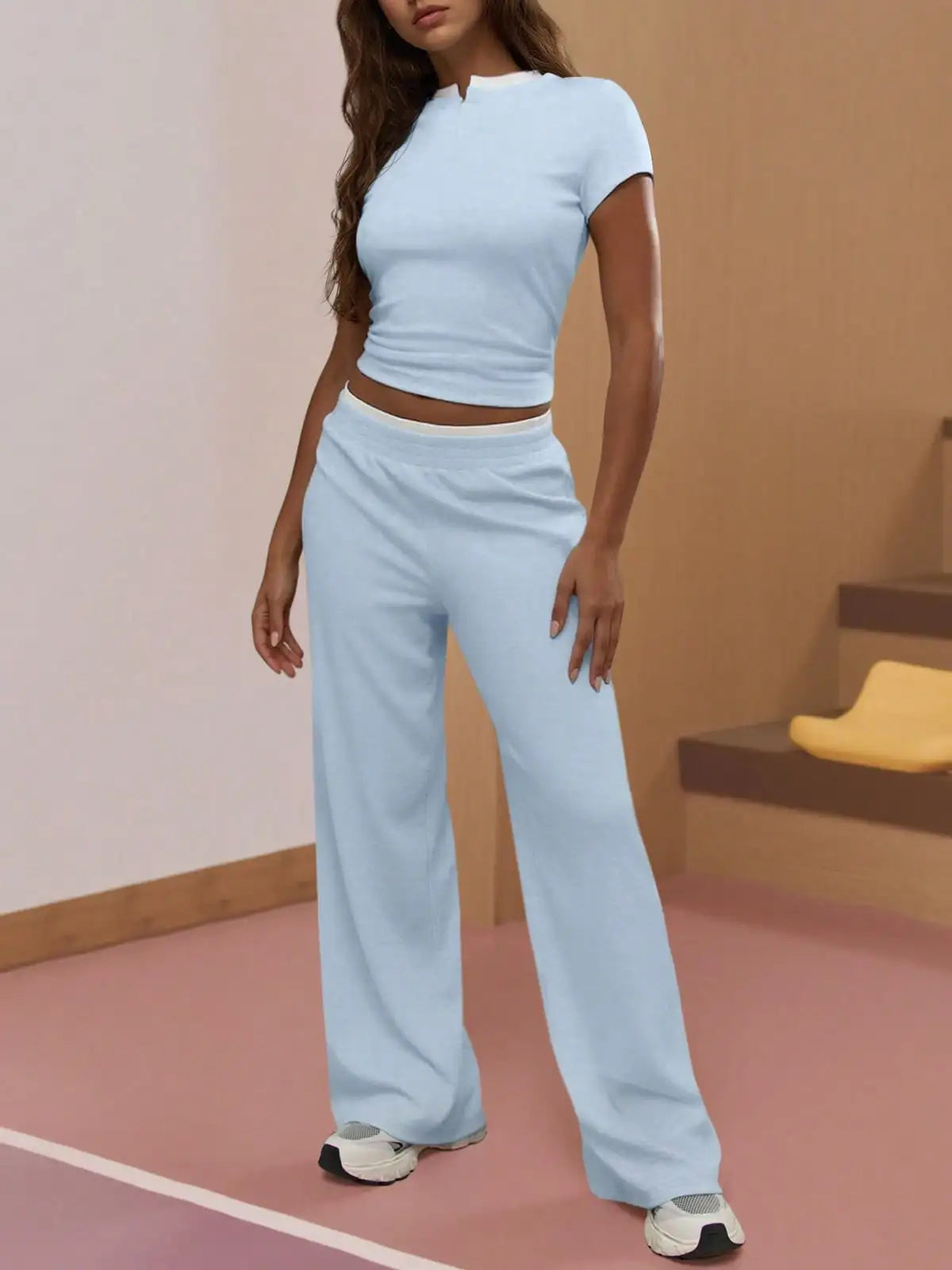 Knit Lounge Set With Crop Top And Wide Leg Pants
