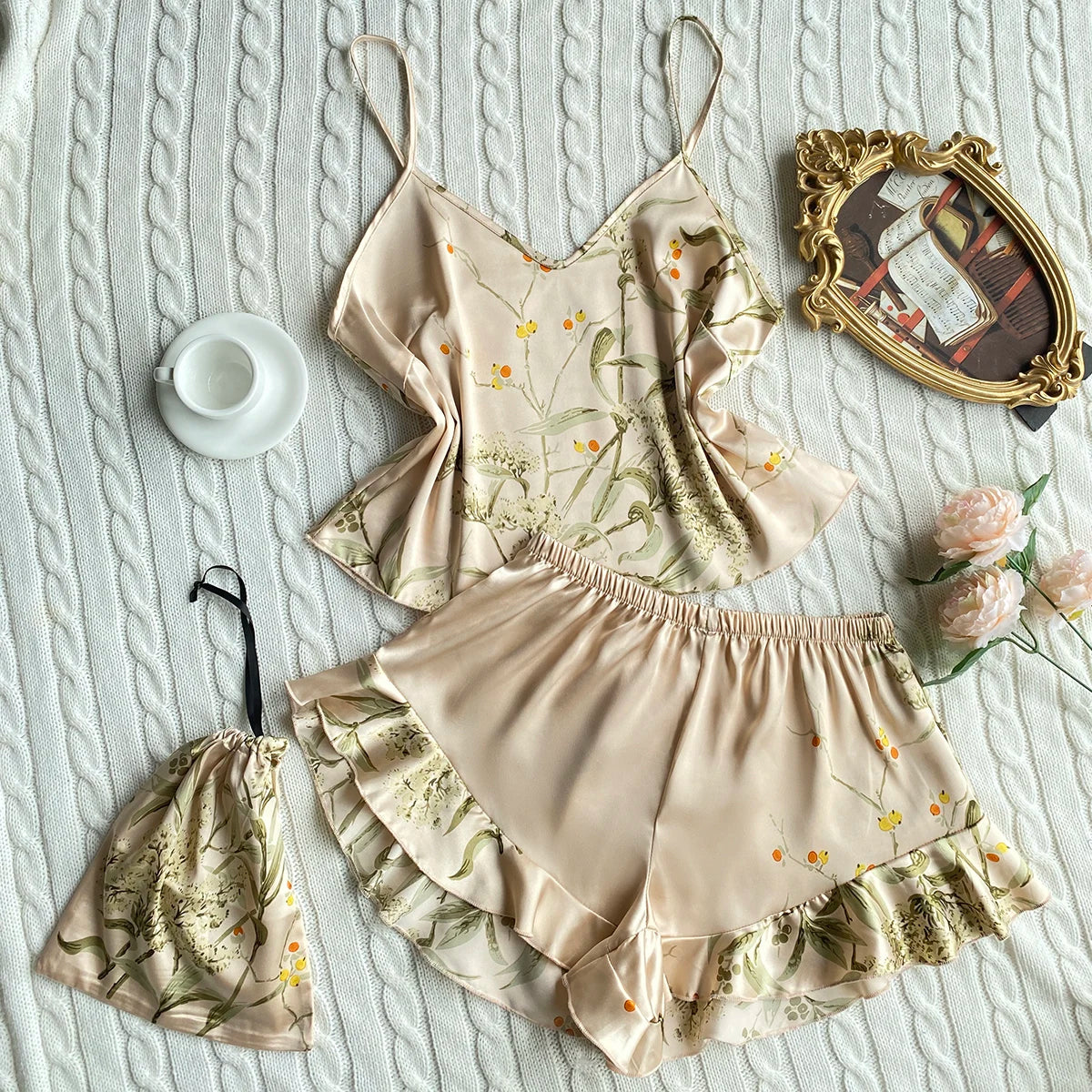 Elegant Floral Cami Tops And Shorts Pajama Set For Women