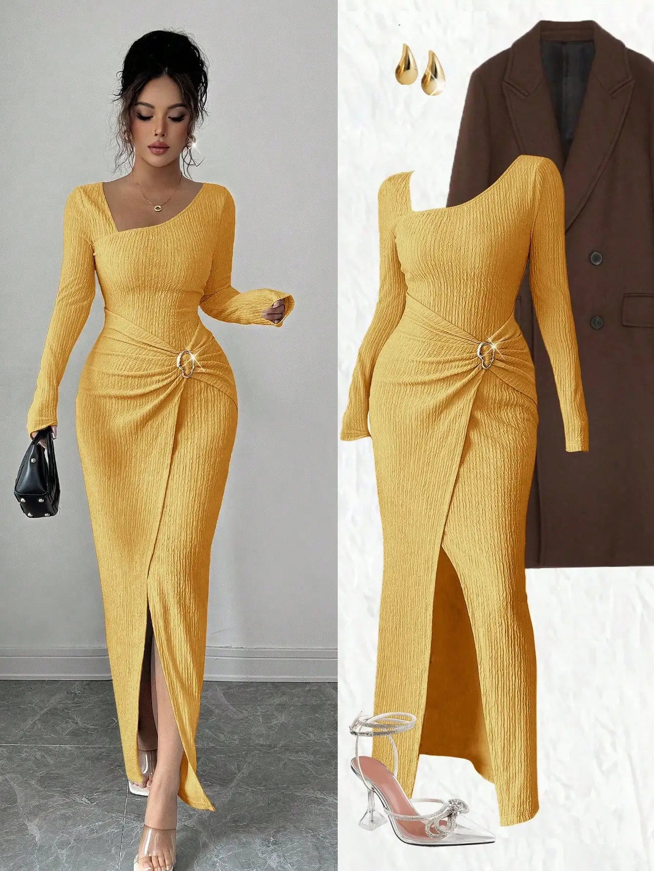 Asymmetrical Neck Knitted Bodycon Dress With Twist Waist Side Slit