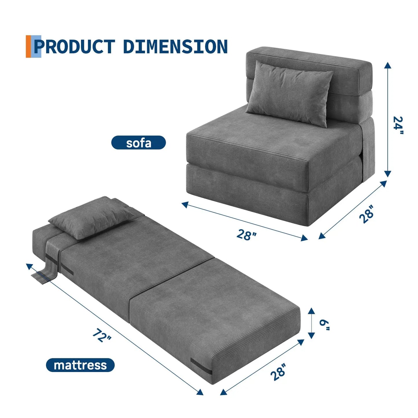 HobbyLane 4 In 1 Corduroy Folding Sofa Bed With Pillow