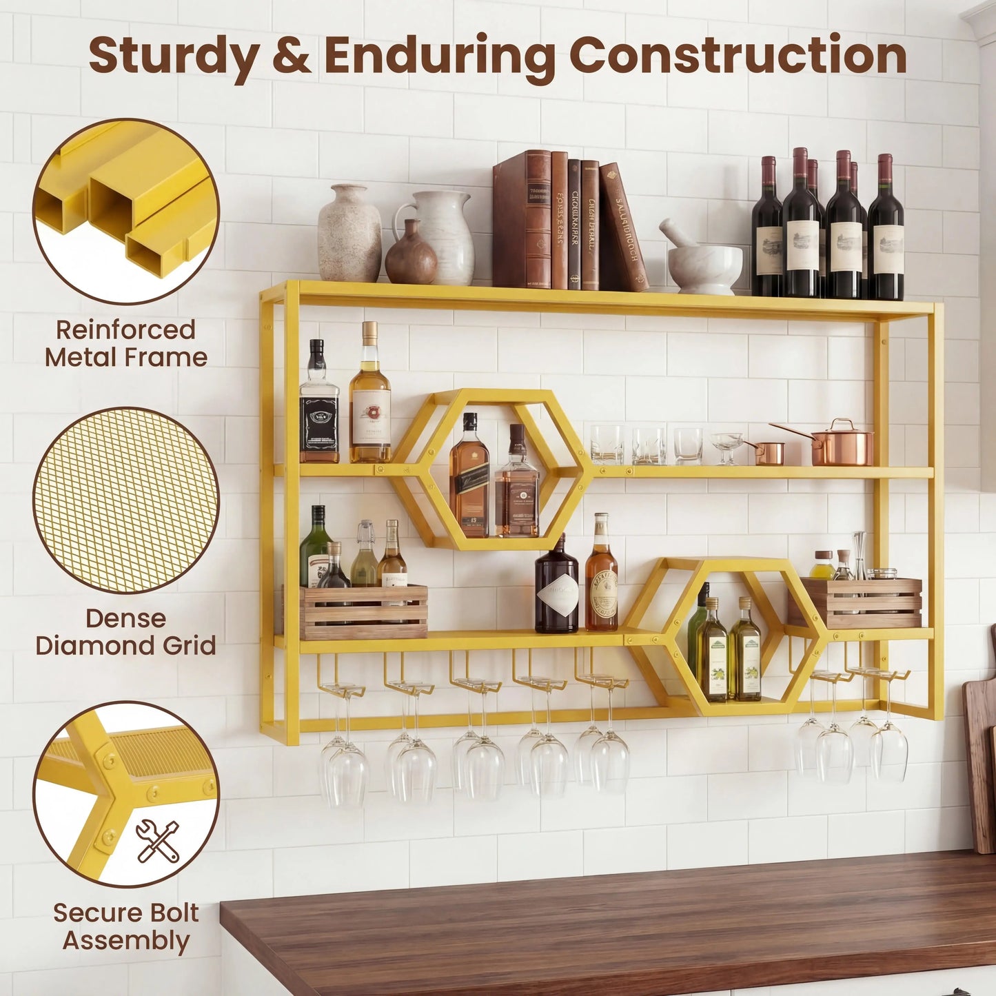 HOMASIS Wall Mounted Wine Rack With Glass Holder