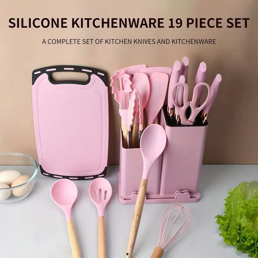 Silicone Kitchen Cookware Set With Wooden Handle And Knife