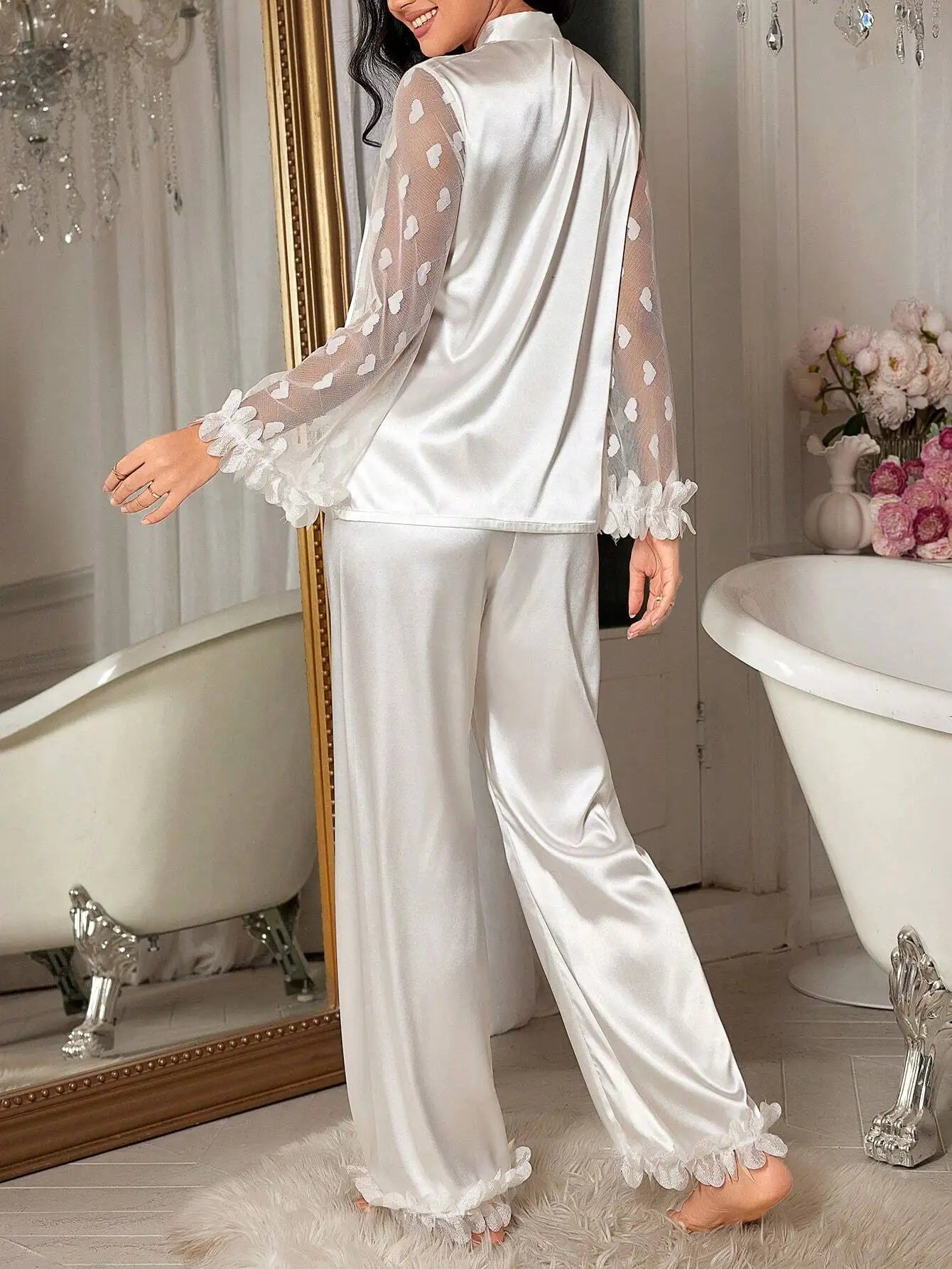 Satin Pajama Set With Floral Lace Sleeves And Ruffled Hem