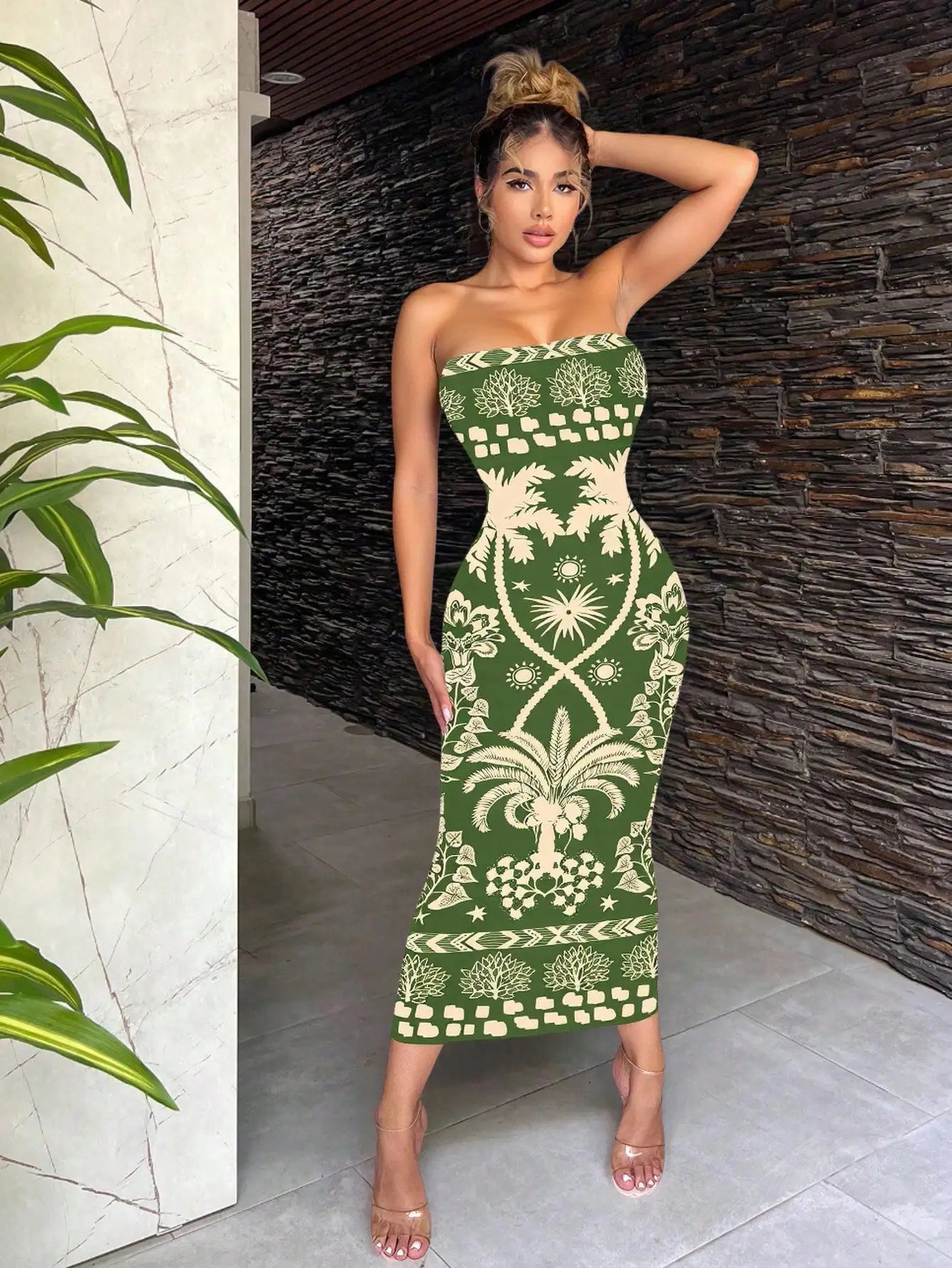 Bohemian Green Tropical Print Strapless Bodycon Dress For Vacation