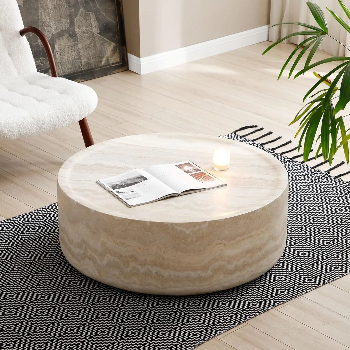 Faux Marble Round Coffee Table With Modern Fiberglass Drum Center