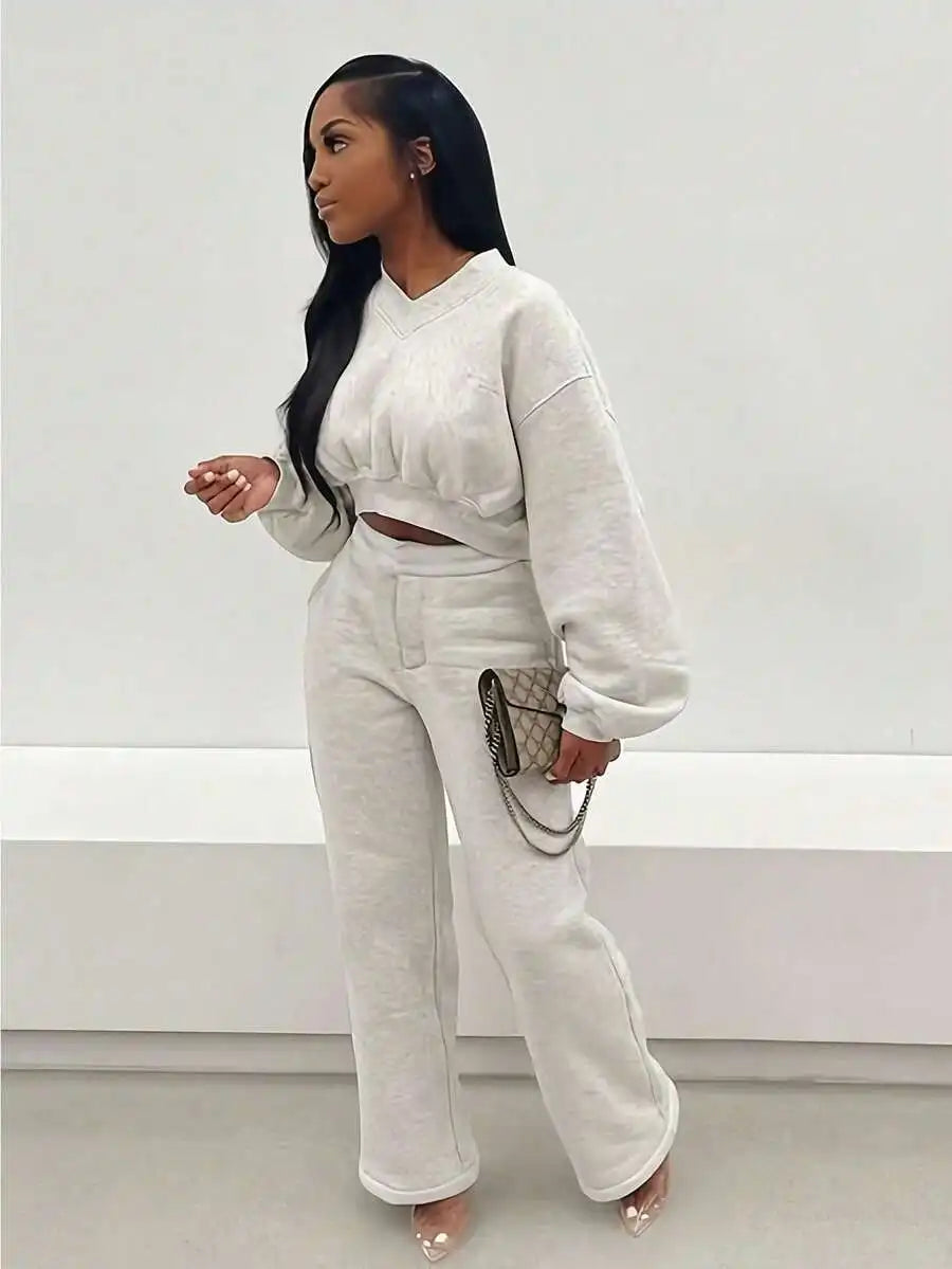 Womens Matching V Neck Cropped Sweatshirt And Wide Leg Joggers