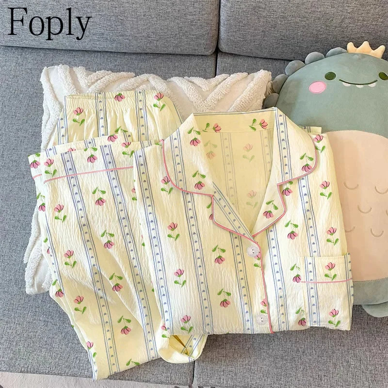 Flower Love Woman Pyjamas Spring Summer 2 Piece Pajama Clouds Cotton Sleepwear Long Sleeve Pants Pijama Mujer Pjs Loungewear