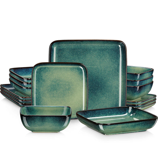MALACASA Stern Dinner Set For Four Square Kiln Glaze Dinnerware