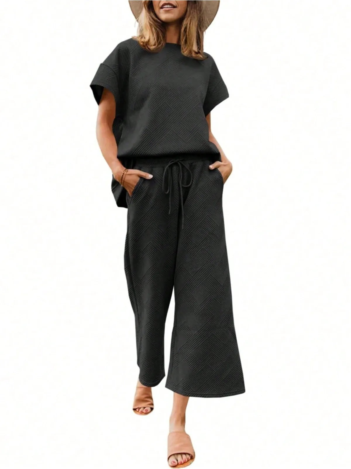 Fisoew Two Piece Sweat Set Luxury High Stretch Drawstring Waist