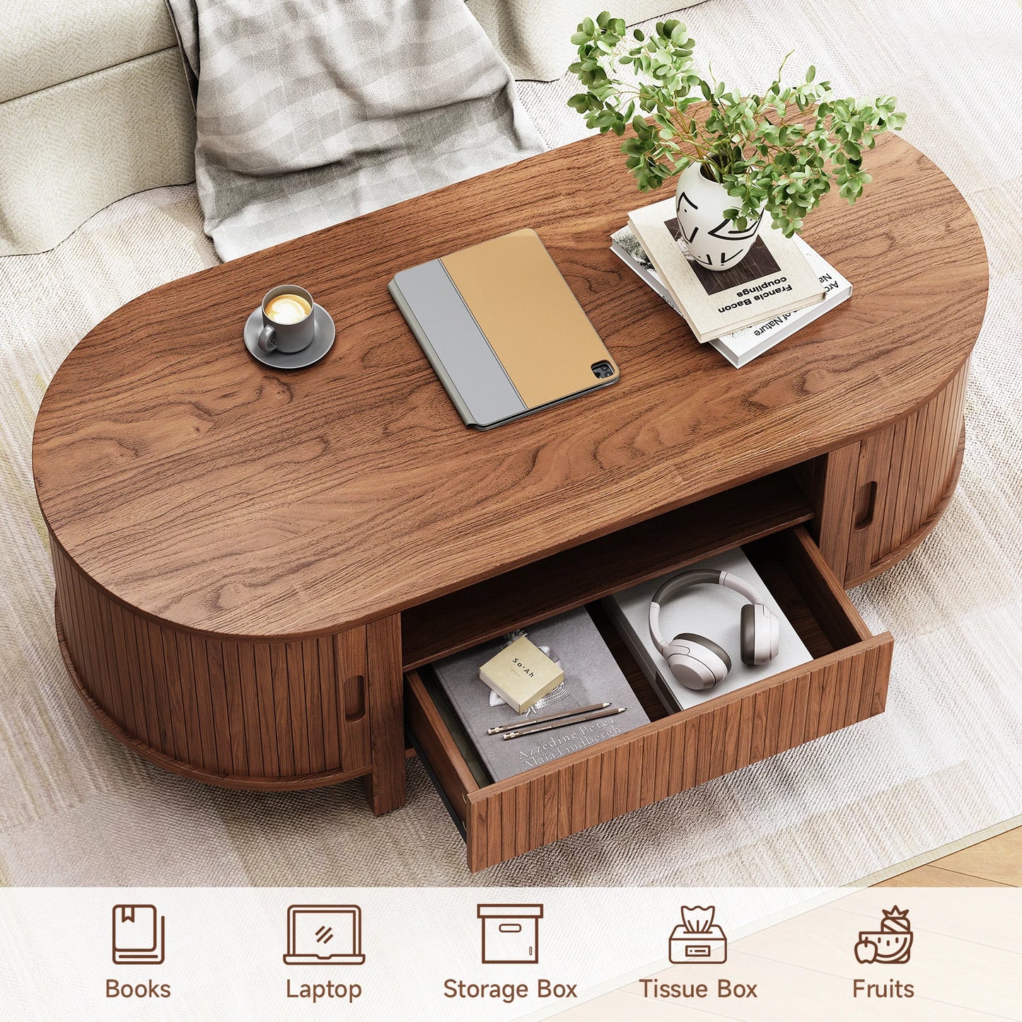 Oval Coffee Table With Cabinets And Sliding Doors Storage