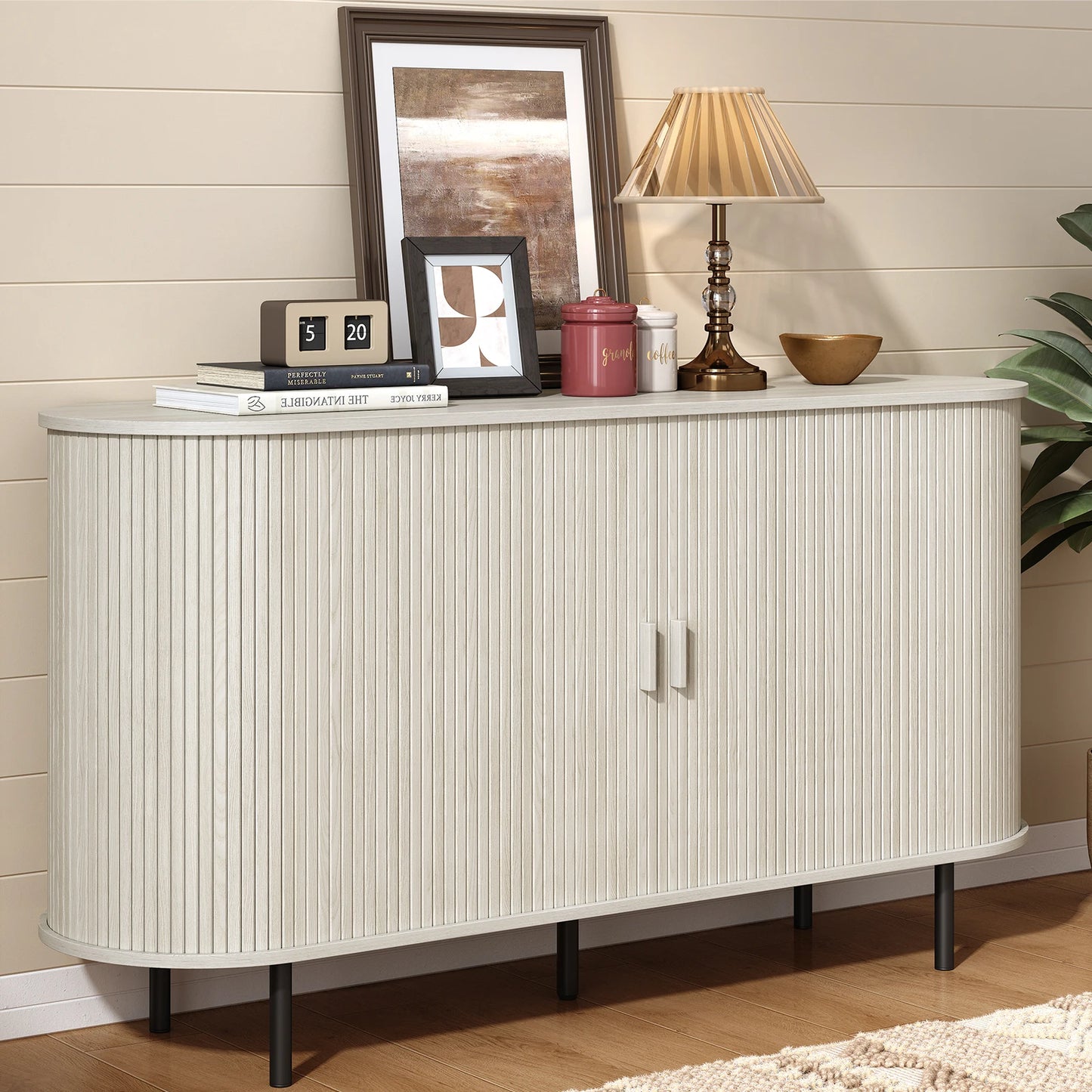 55" Sideboard Buffet Cabinet, Storage Cabinet  Adjustable Shelf, Wood Fluted Accent Coffee Bar Console Table for Kitchen