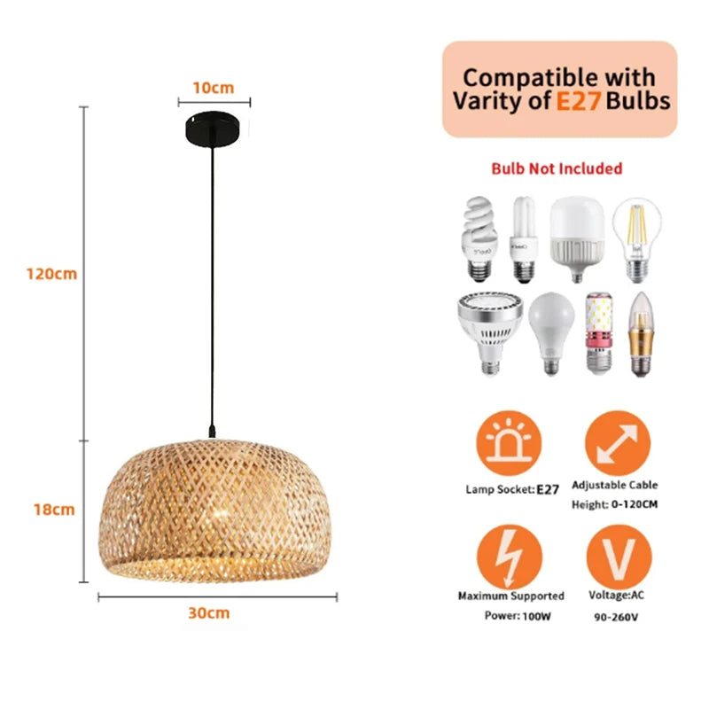 Molden Bamboo Lantern Pendant Light Natural Rattan E27 LED Chandeliers