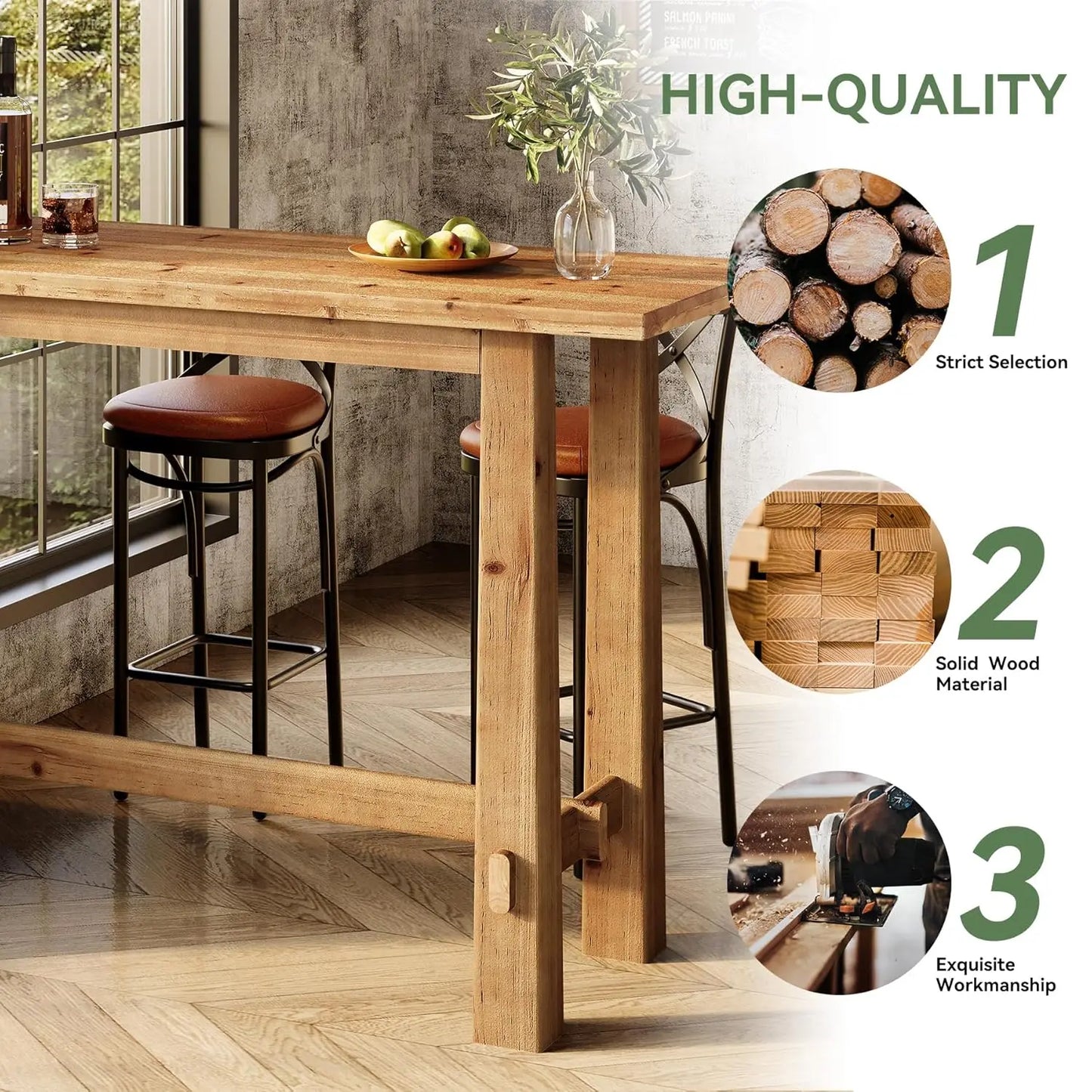 Solid Wood Bar Table, 63" Counter Height Pub Table for 4–6, Rustic Wooden High Top Dining Table for Kitchen & Home, Customized