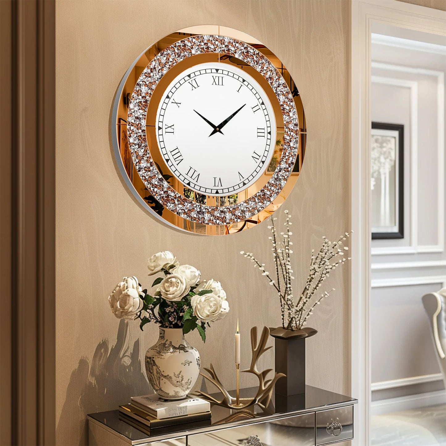 Round Mirror Wall Clock With Crystal Sparkle For Living Room